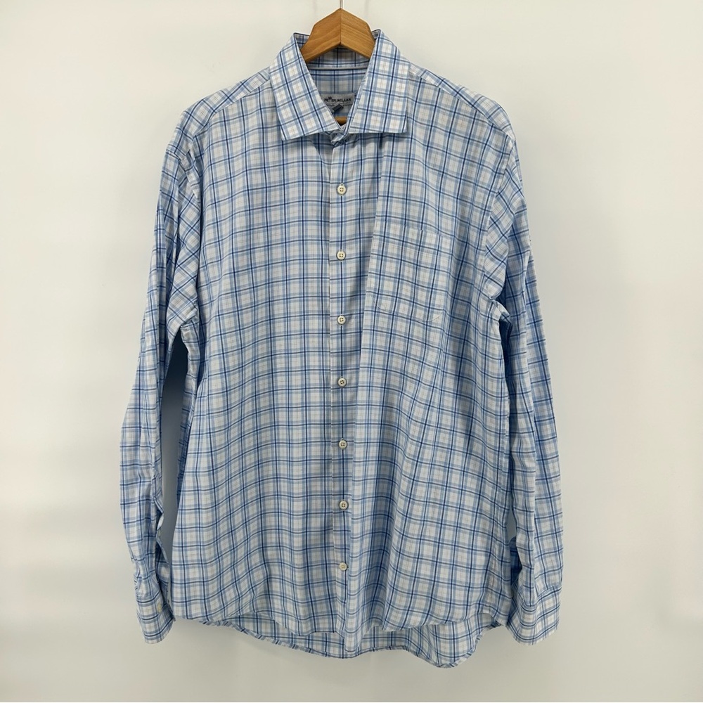 Peter Millar Button Up Shirt Mens XL Blue Plaid Long Sleeve Business Casual Golf
